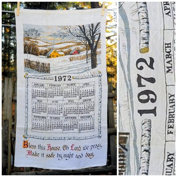 Vintage 1972 'Bless This House' Country Cabin & Barn in Winter Calendar Towel